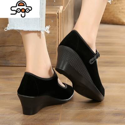 老北京布鞋女高跟坡跟黑布鞋酒店职业工作单鞋防滑舞蹈礼仪演出鞋