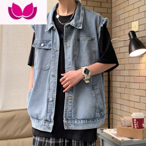 七斓牛仔马甲男秋装潮牌宽松落肩无袖背心水洗复古做旧百搭外套