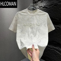 HLCOMAN2025夏季时尚百搭简约晕染设计圆领钢印短袖T恤男士休闲半袖上衣