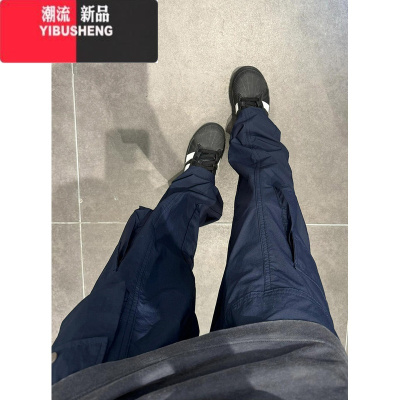 YIBUSHENG美式复古藏青色高腰休闲裤女季宽松显瘦薄款百搭阔脚直筒工装裤