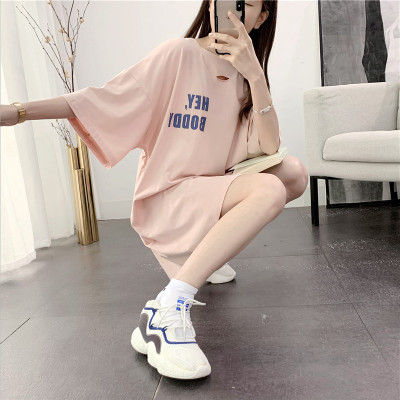 暖青汇夏季棉短袖t恤女中长款遮臀显瘦体恤小衫大码宽松破洞半袖外穿大码女装