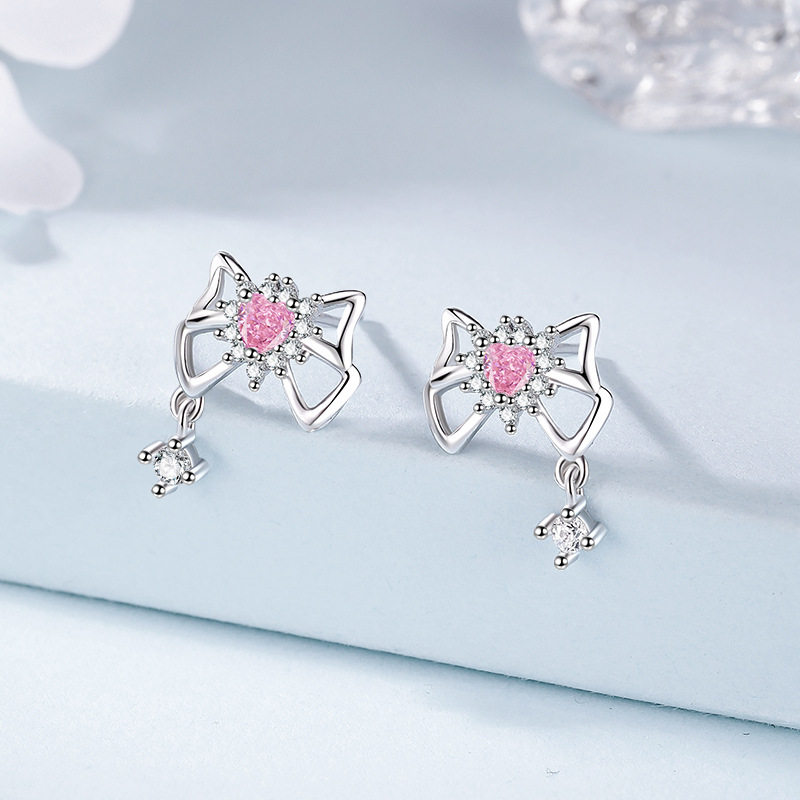 S999纯银蝴蝶结流苏耳钉女时尚轻奢冷淡风耳环粉钻锆石耳饰品礼物送女朋友老婆情人节七夕生日礼物