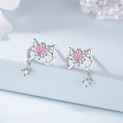 S999纯银蝴蝶结流苏耳钉女时尚轻奢冷淡风耳环粉钻锆石耳饰品礼物送女朋友老婆情人节七夕生日礼物