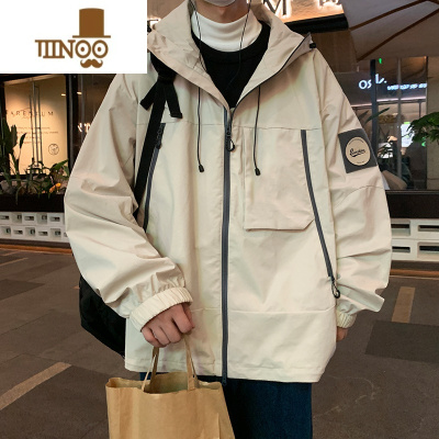 YANXU连帽夹克男港风ins宽松徽章防风高街设计感休闲上衣外套潮