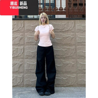 YIBUSHENG美式粉色正肩短袖t恤女季2024年新款修身显瘦百搭圆领上衣