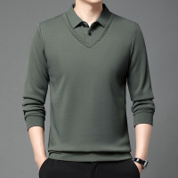 秋季新款衬衣领长袖T恤休闲简约假两件商务休闲T恤中年翻领T恤