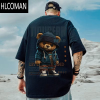 HLCOMANoversize美式小熊短袖T恤男潮牌宽松加肥大码胖子男装夏潮流半袖