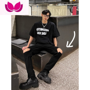 七斓夏季潮牌高街ins黑色修身显瘦破洞弹力牛仔裤男潮牌复古宽松长裤