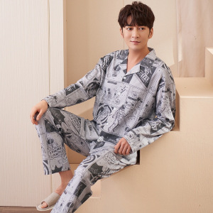 男士睡衣纯棉长袖秋冬季开衫男款全棉青少年大码可外穿家居服套装