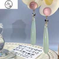 JiMi旗袍女子绿色长水滴玉髓琉璃玉珠吊坠耳环新中式仙气国风耳夹