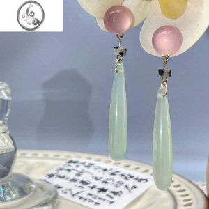 JiMi旗袍女子绿色长水滴玉髓琉璃玉珠吊坠耳环新中式仙气国风耳夹