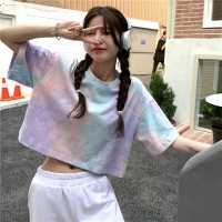 扎染短款短袖韩版宽松露脐T恤设计感小个子女夏新款辣妹上衣ins潮