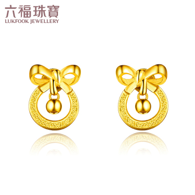 六福珠宝足金叮当蝴蝶结黄金耳环耳饰GMG50027
