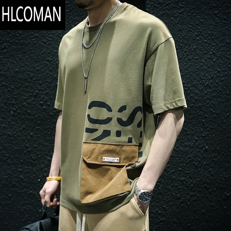 HLCOMAN设计感复古休闲工装短袖t恤男夏季大码宽松青少年潮牌时尚上衣服