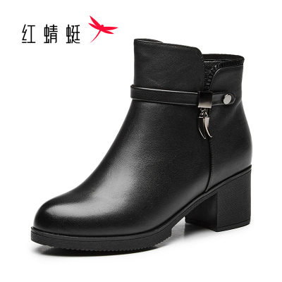 红蜻蜓短靴女冬款加绒保暖女靴妈妈棉鞋牛皮粗跟侧拉链简约时尚女棉皮鞋