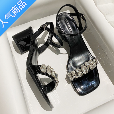 SUNTEK2023年一字扣带水钻露趾凉鞋女夏季外穿粗跟方头黑色高跟鞋不累脚