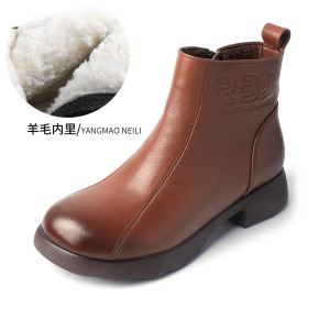 真皮厚底粗跟短靴女休闲软底妈妈棉鞋25冬季加绒羊毛里女保暖棉鞋
