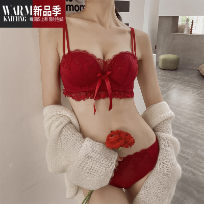 性感蕾丝红色结婚本命年内衣女小胸加厚聚拢无钢圈文胸套装SHANCHAO胸罩