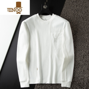 YANXU轻奢秋季薄款拼接华夫格白色圆领卫衣男长袖修身外穿休闲t恤男装