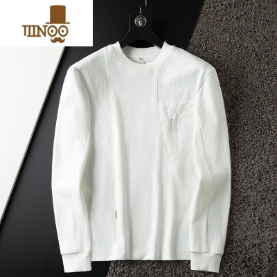 YANXU轻奢秋季薄款拼接华夫格白色圆领卫衣男长袖修身外穿休闲t恤男装