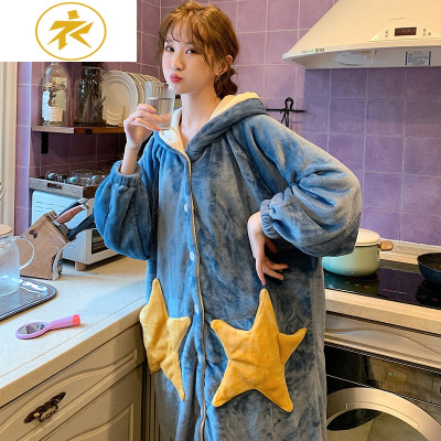 Ideamini星星睡袍女秋冬情侣睡衣秋冬款法兰绒男加绒加厚珊瑚绒加长款浴袍