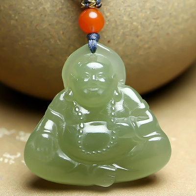 印象眸和田玉吊坠浅青玉晴水绿弥勒佛女款玉石挂件附送证书弥勒佛