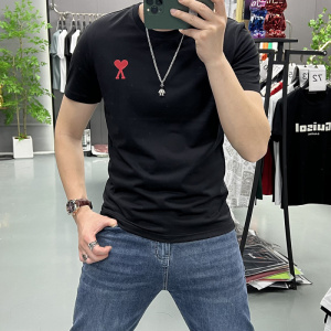 夏季简约爱心印花情侣款短袖上衣丝光棉圆领T恤修身潮流打底