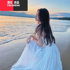 YIBUSHENG三亚旅游拍照衣服女海边度假沙滩裙仙白色露背吊带连衣裙仙女裙