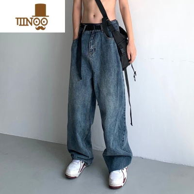 YANXU新款美式高街宽松腰带牛仔裤男垂感慵懒风阔腿裤休闲百搭直筒长裤