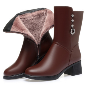 跨境中筒靴女冬季新款加绒保暖舒适妈妈棉鞋粗跟防滑中老年女靴子