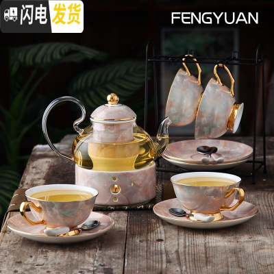 三维工匠整套花茶具家用水果茶壶陶瓷花茶具套装可高温玻璃英式下午茶具 石粉花茶具[1壶1座4杯碟]