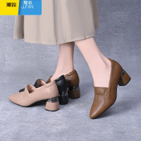 聚范浅口单鞋女2024新款粗跟尖头皮鞋软皮中跟鞋子舒适女鞋