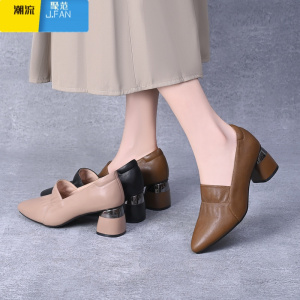 聚范浅口单鞋女2024新款粗跟尖头皮鞋软皮中跟鞋子舒适女鞋
