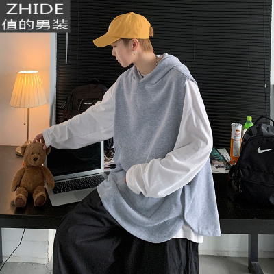 SUNTEK日系复古工装马甲背心男设计感不规则开衩无袖坎肩连帽马夹上衣服马甲/背心