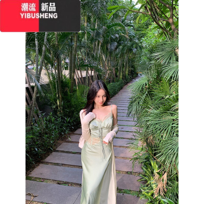 YIBUSHENG蕾丝拼接缎面吊带连衣裙女季高级感长裙气质收腰显身材包臀裙子
