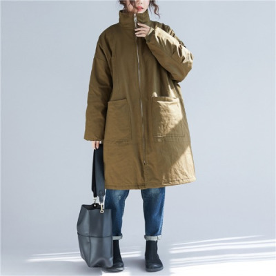 FISHBASKET大口袋棉麻棉衣胖mm大码女装长袖拉链立领中长款夹棉保暖风衣外套风衣女