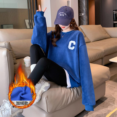 [3件8.5折76.4元,叠加优惠券]唐狮秋冬季卫衣女韩版宽松奥利绒圆领字母假两上衣百搭加绒