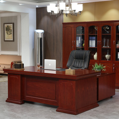 域赢老板桌油漆办公桌实木贴皮经理桌总裁桌大班台1.8米含侧柜
