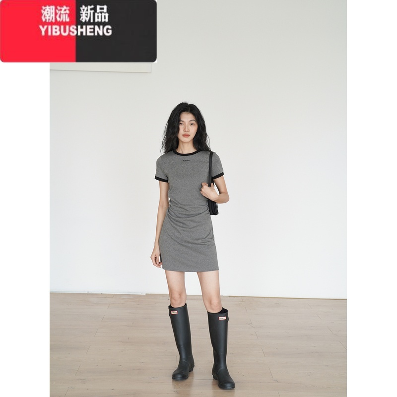 YIBUSHENG 短袖短款圆领休闲连衣裙垂坠感显瘦显高裙子季新款