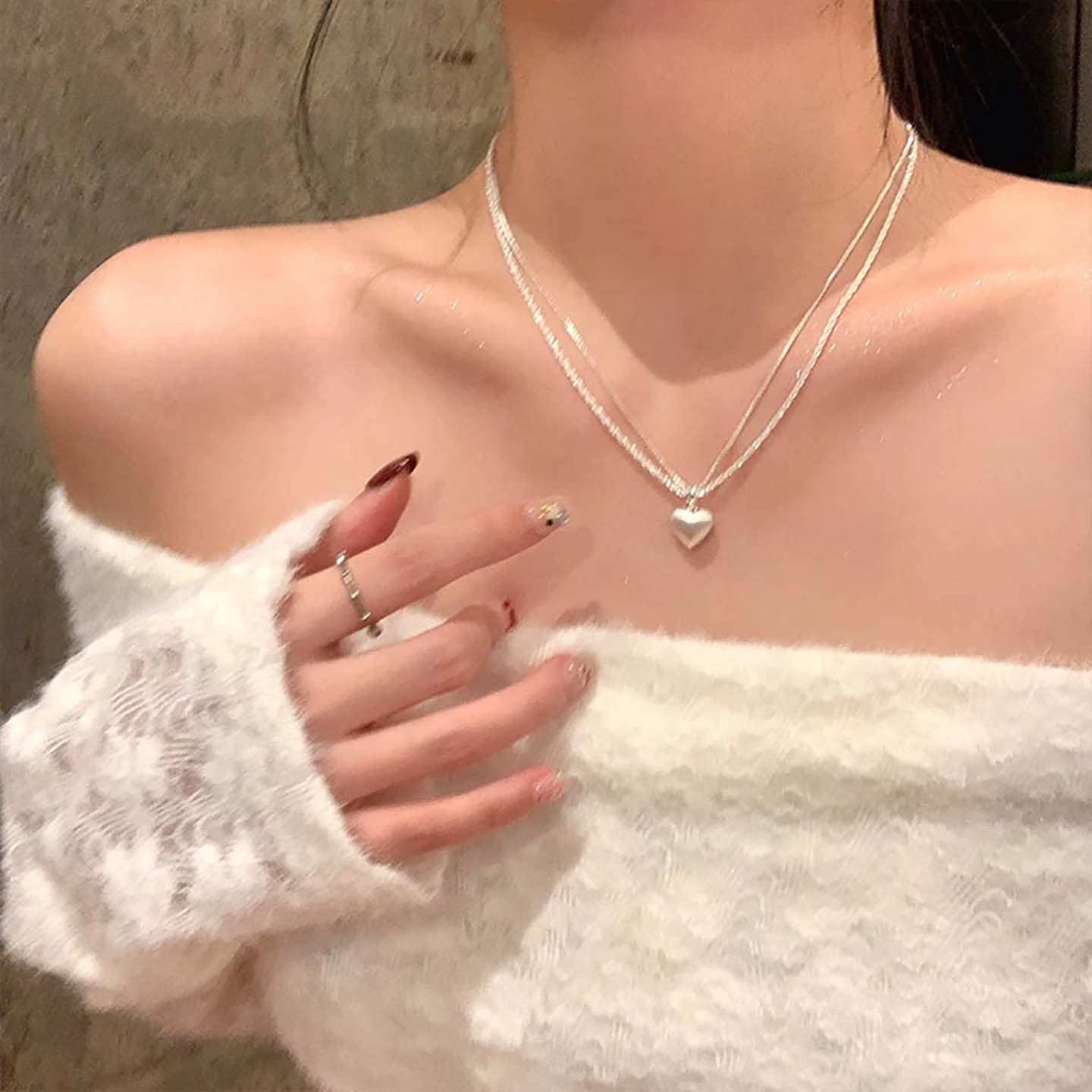 双层拉丝爱心吊坠项链女款高级感轻奢小众锁骨链甜美精致百搭颈链