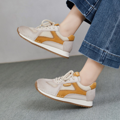 真皮运动休闲网面鞋女2026春季新款平底复古系带单鞋子百搭阿甘鞋