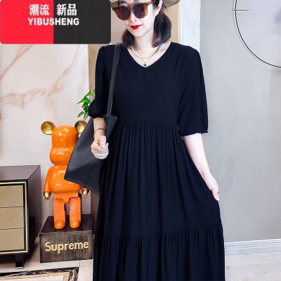 YIBUSHENG[小黑裙]棉绸连衣裙子季绵绸人造棉女大码中长款宽松收腰显瘦