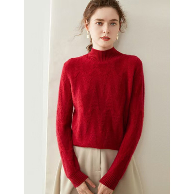 秋冬新山羊绒衫女加厚圣诞绞花半高领毛衣打底衫宽松针织内搭