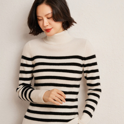 秋冬新款条纹高领羊绒针织衫女修身抽条套头毛衣修身显瘦内搭上衣