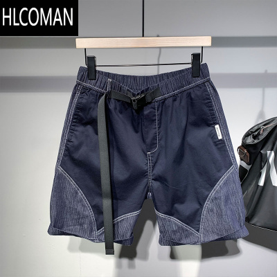 HLCOMAN夏季新款撞色拼接牛仔宽松男士短裤卡扣腰带设计感运动休闲五分裤
