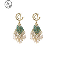 JiMi镶钻水晶绿色流苏耳环小众设计高级感轻奢耳饰无耳洞蚊香盘耳夹