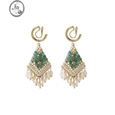 JiMi镶钻水晶绿色流苏耳环小众设计高级感轻奢耳饰无耳洞蚊香盘耳夹