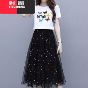 YIBUSHENG网纱裙女两件套装季新款短袖t恤女小个子半身裙子学生连衣裙女