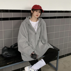 新款春季宽松韩版oversize灰色连帽卫衣女拉链外套女上衣