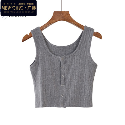 广赫夏季新款韩版棉坑条修身显瘦短款高腰开衫双圆领上衣色背心女